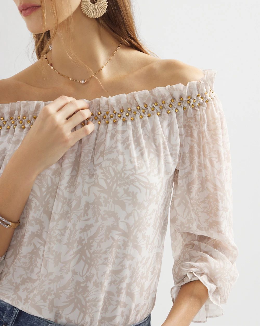 Off-the-Shoulder Beaded Chiffon Top | White House Black Market